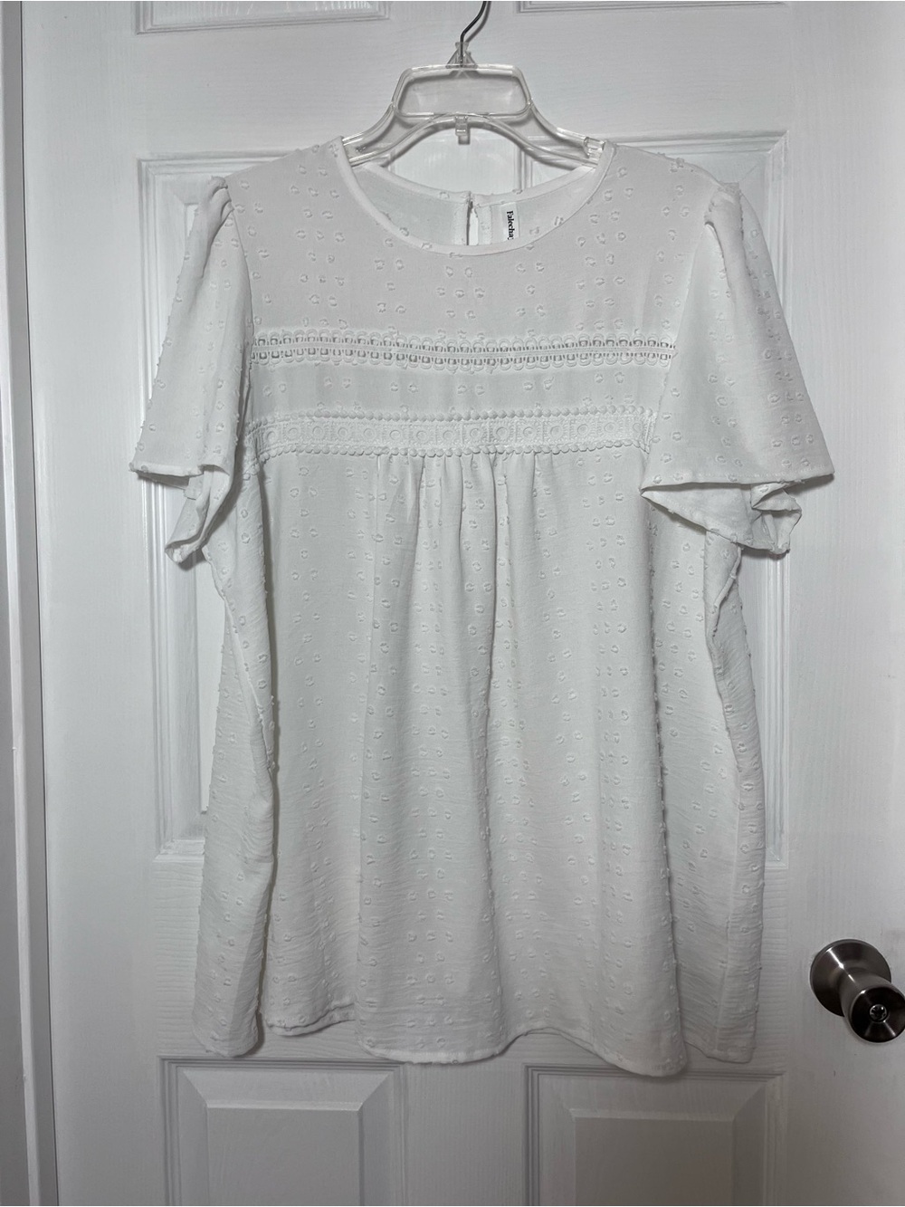 Falechay White Textured Dots Short Sleeve Blouse with Crocheted Lace Accents
